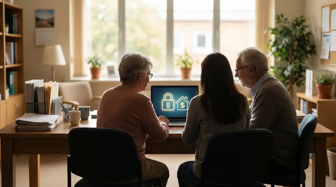 Seniors devant ordinateur, surveillance bancaire sécurisée