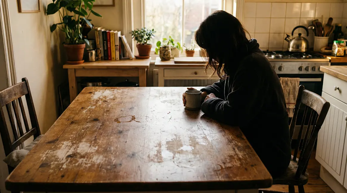 Table bois ancienne avec traces blanches cuisine matin ambiance chaude