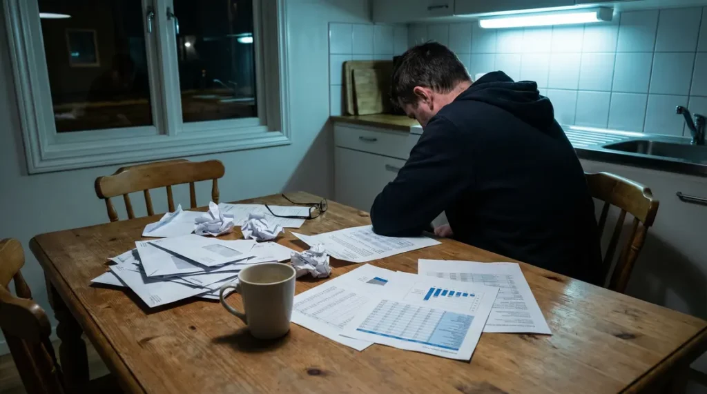 table de cuisine, courrier administratif, feuilles de calcul