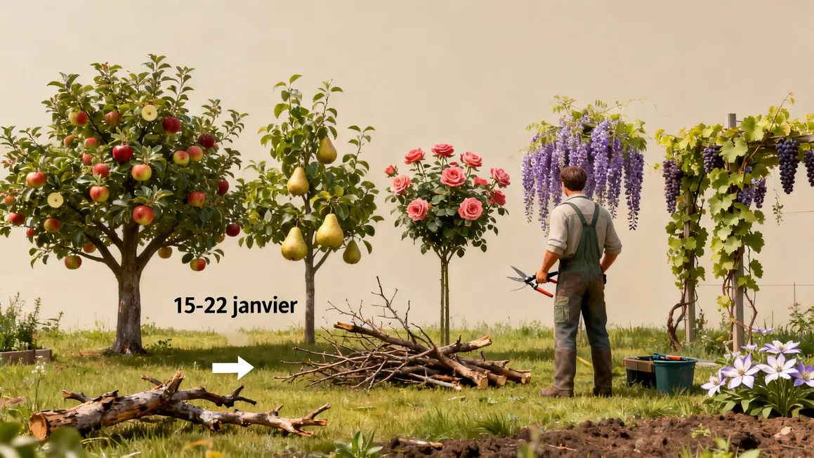 Taille jardin janvier pommier poirier rosier glycine