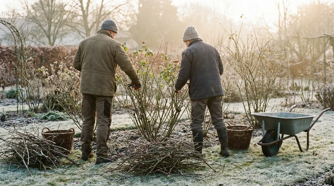 Scène taille rosiers arbustes hiver pour floraison printemps
