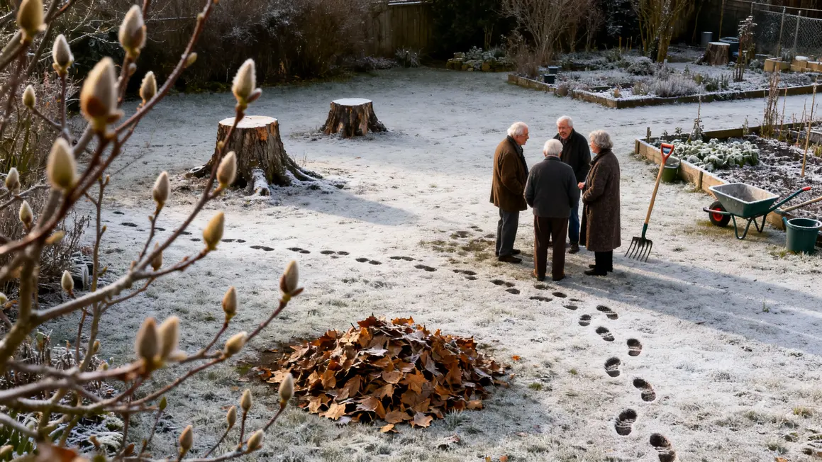 terrain verger empreinte givre bourgeons hiver