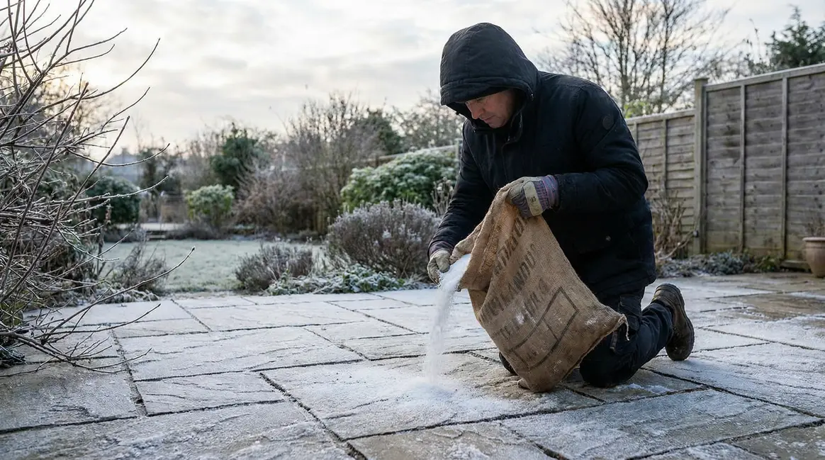 Femme agenouillée versant poudre blanche sur terrasse givrée