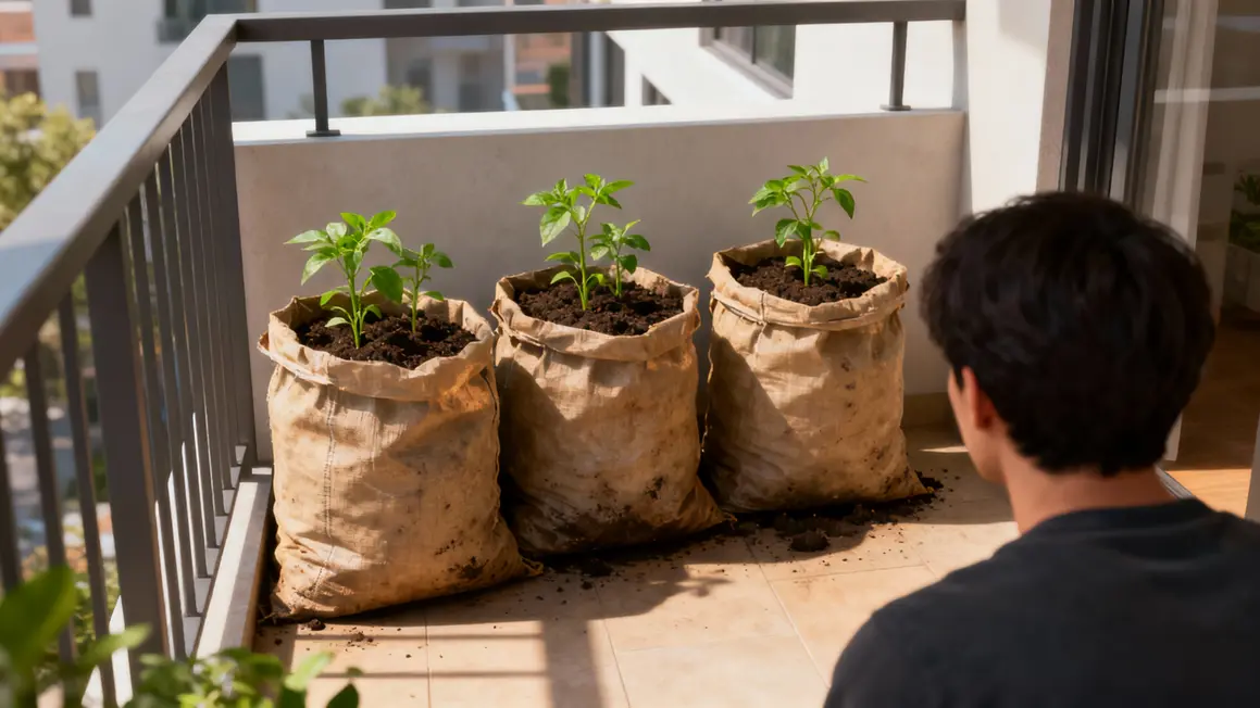 Test jardinage en sac sur balcon moderne
