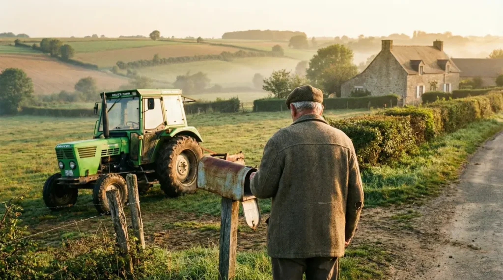 Vieil homme et tracteur ancien vert bouteille devant boite aux lettres rurale