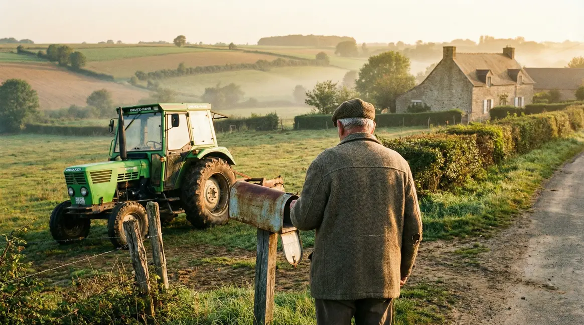 Vieil homme et tracteur ancien vert bouteille devant boite aux lettres rurale