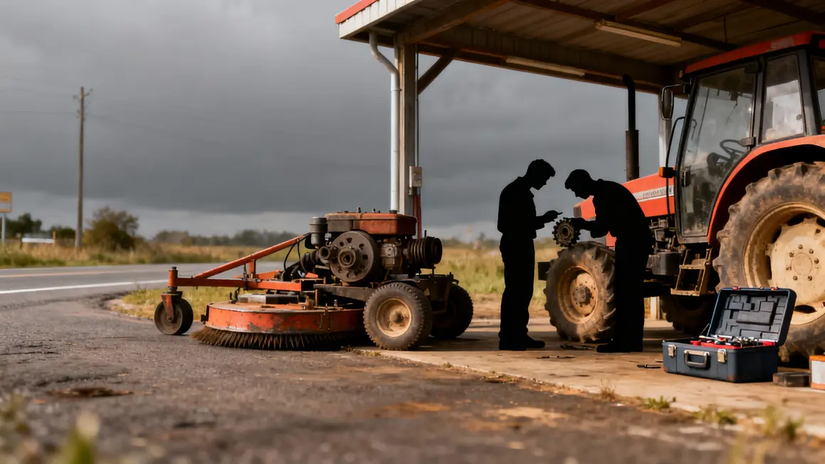 Tracteur ancien en panne sur petite route avec caisse à outils et deux silhouettes