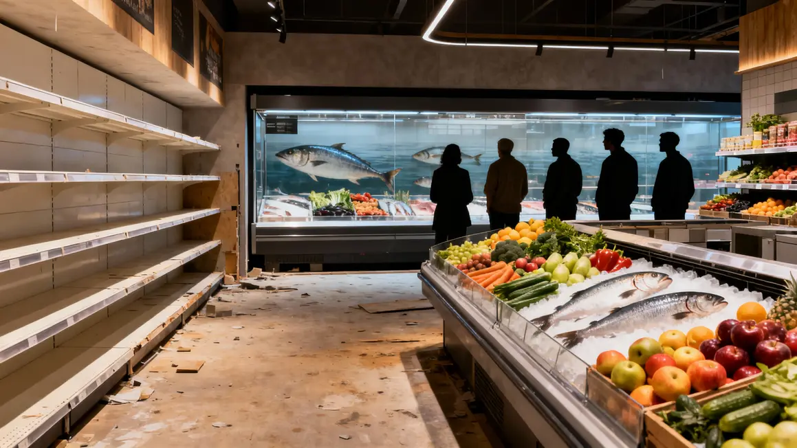 rayons vides et produits frais magasin GiFi Grand Frais