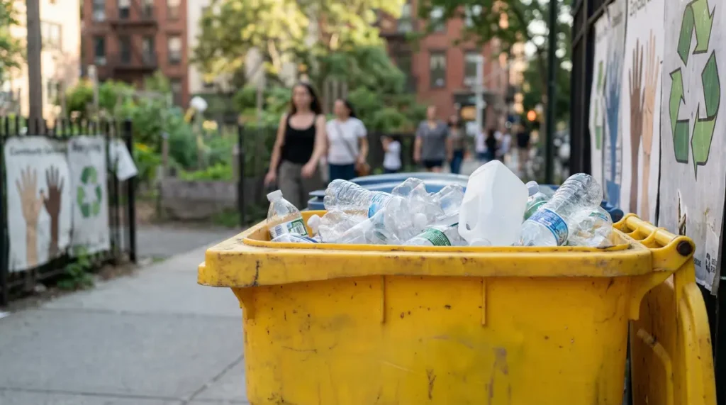 Bac jaune rempli de bouteilles plastiques tri