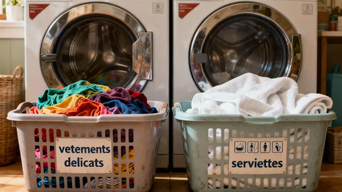 Paniers à linge étiquetés vêtements délicats et serviettes