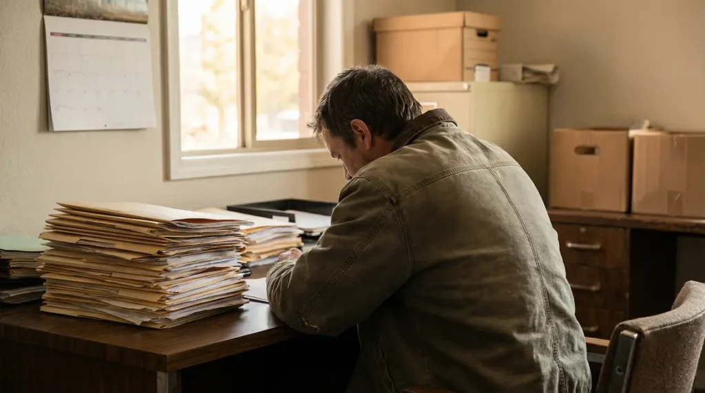 Homme devant documents retraite service militaire