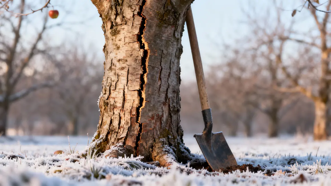 Pommier craqué et givre sur sol en hiver