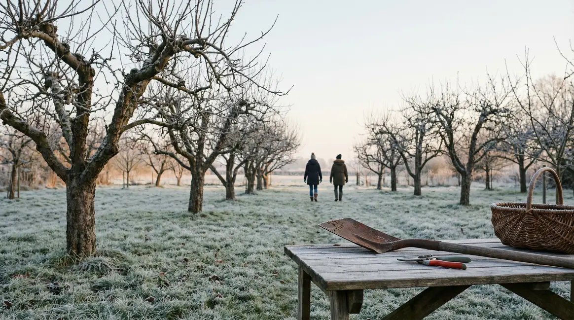 verger arbres fruitiers givre hiver matin
