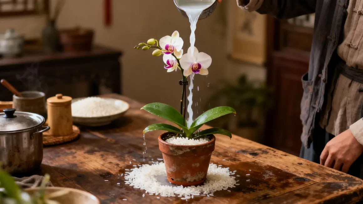 Main versant eau de riz sur pot d orchidée