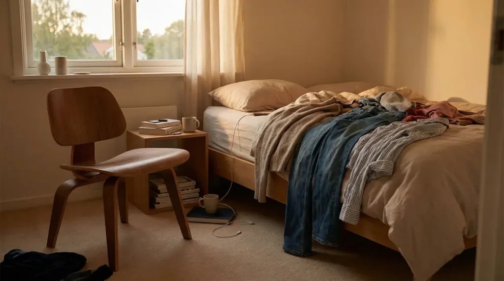 vetements sur chaise chambre lumiere douce