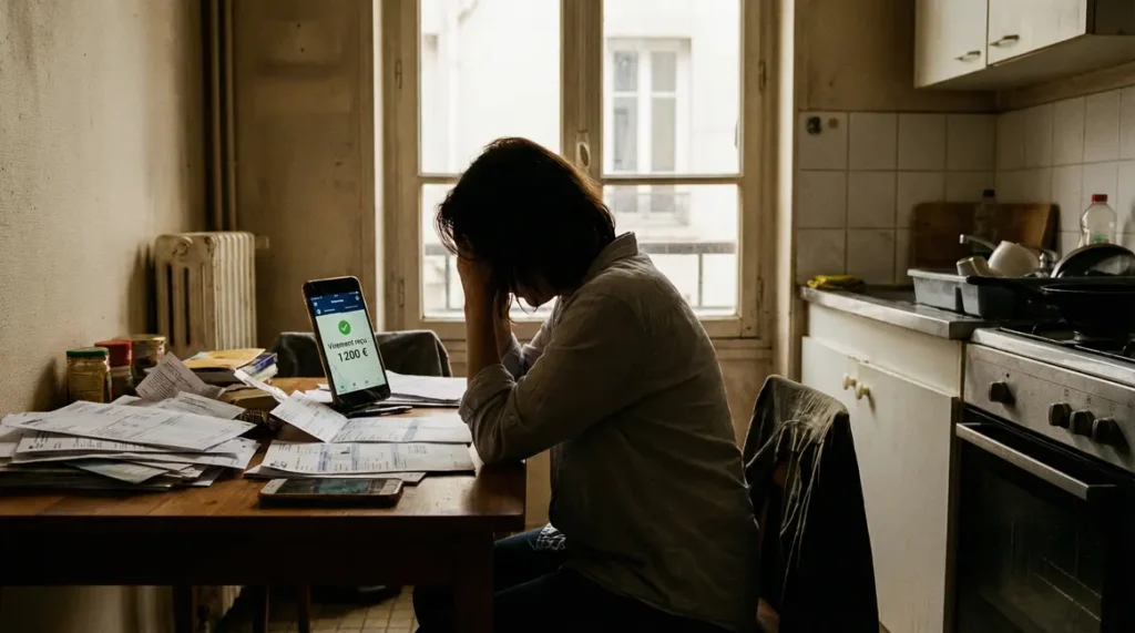 femme devant papiers administratifs virement bancaire angoissée