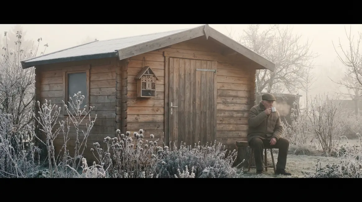 cabane bois douglas givre brume abri à insectes