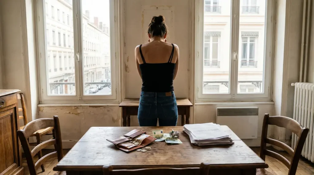 Femme inquiète à Lyon, portefeuille et argent sur table