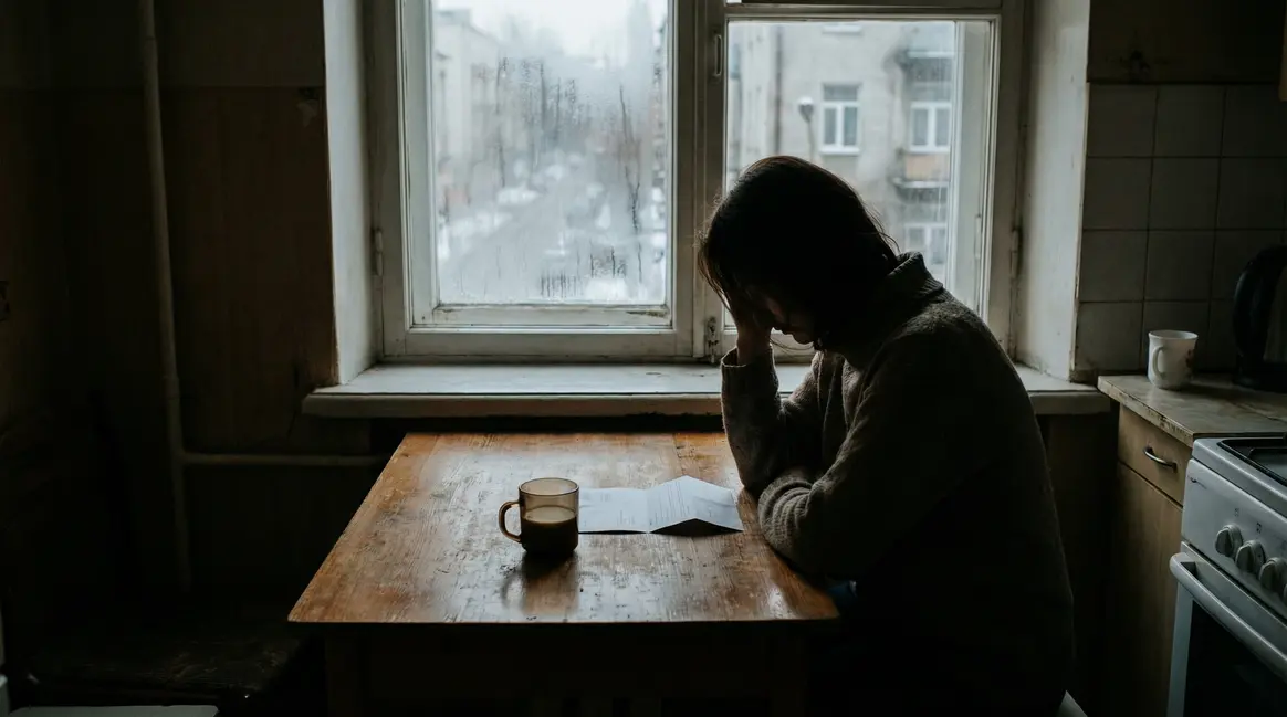 Femme aidante devant une lettre administrative dans une cuisine sombre