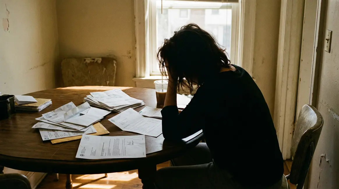 Femme aidante seule, fatiguée, face à des factures et une lettre officielle