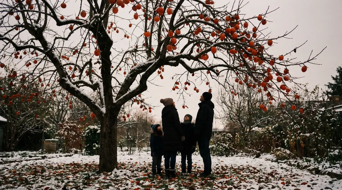 arbre kaki sous neige avec fruits famille