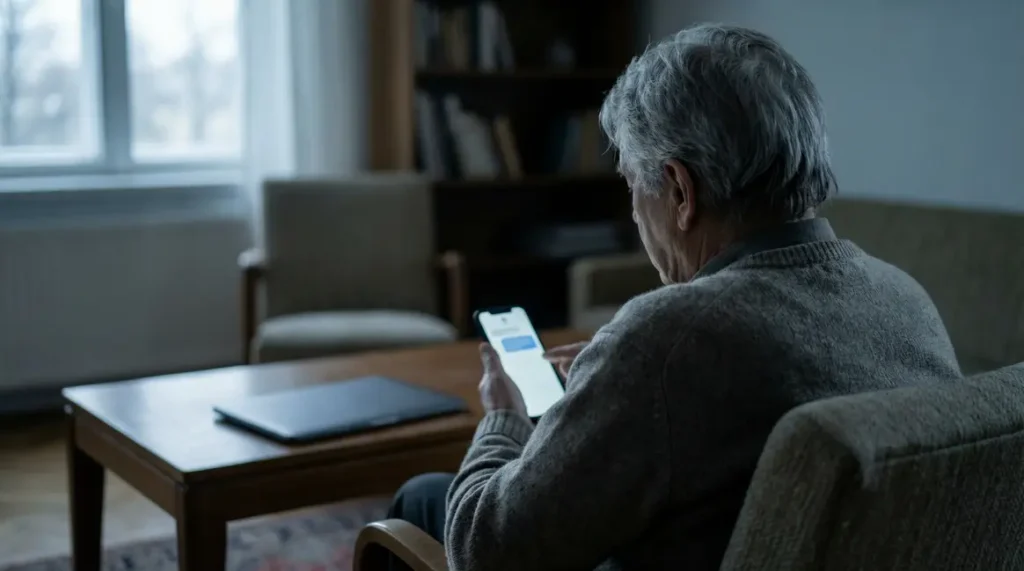 Senior recevant un SMS arnaques, telephone, solitude