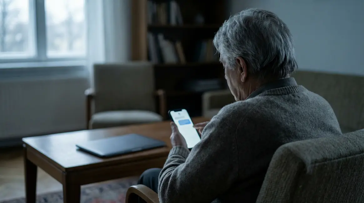 Senior recevant un SMS arnaques, telephone, solitude