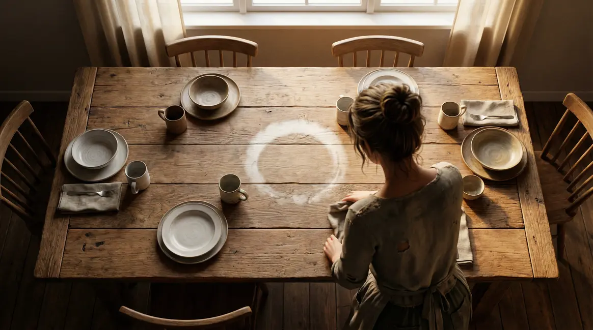 auréole blanche table bois après repas enfants