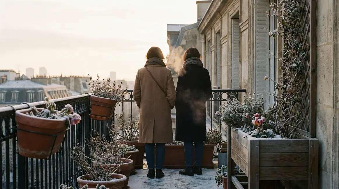 balcon parisien en hiver avec livèche et givre