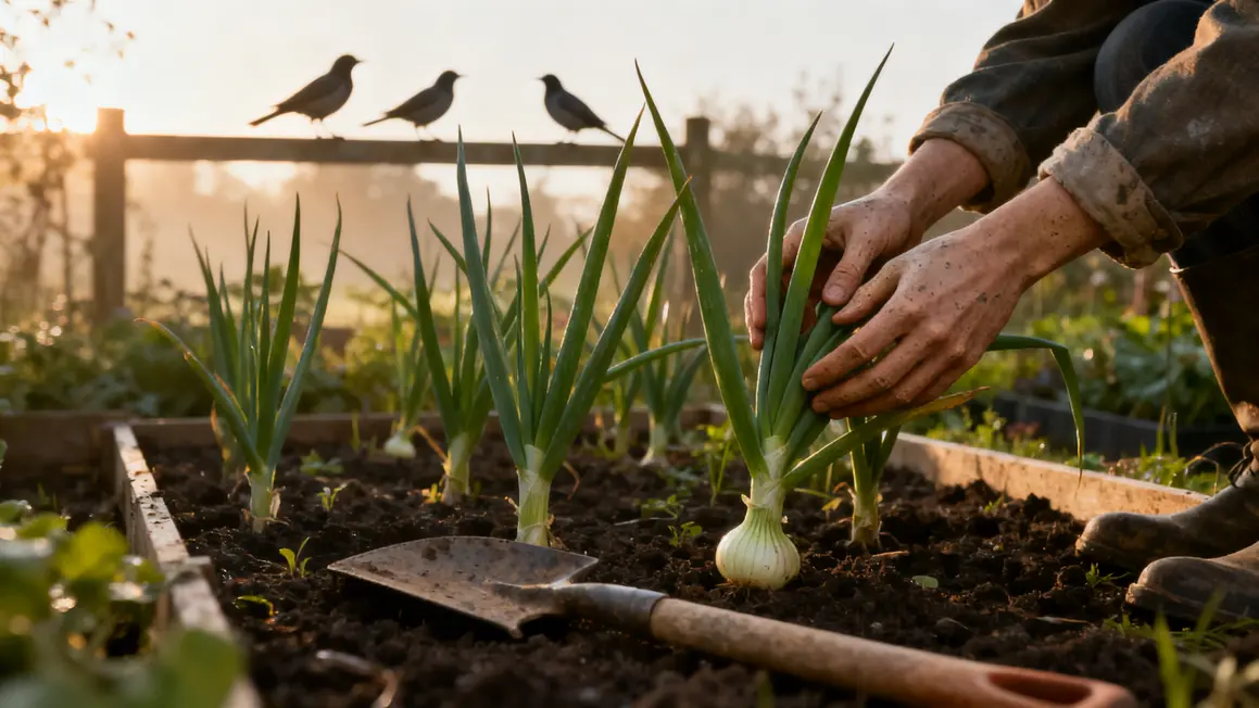 mains caressent oignons ballet potager matin