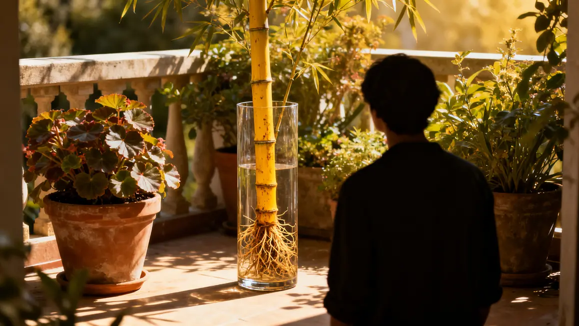 vase verre bambou porte bonheur tige jaune terrasse
