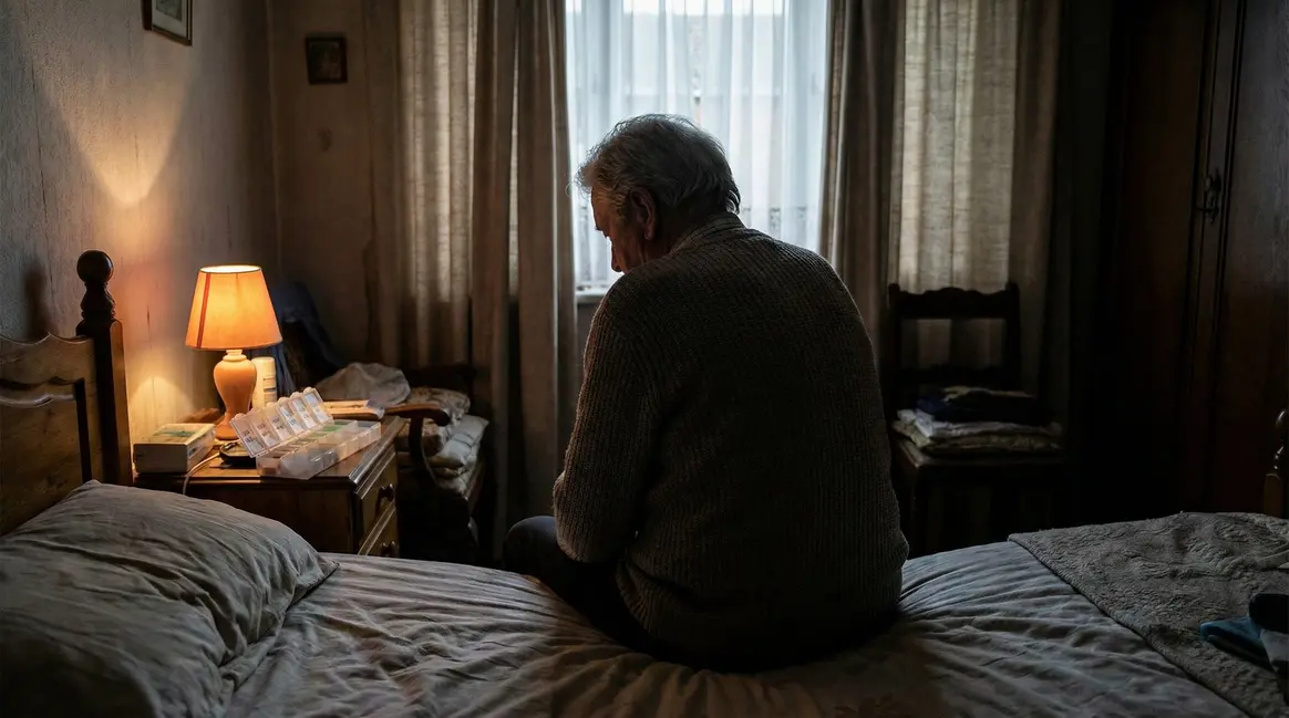 Senior assis sur lit chambre pilulier benzodiazepines