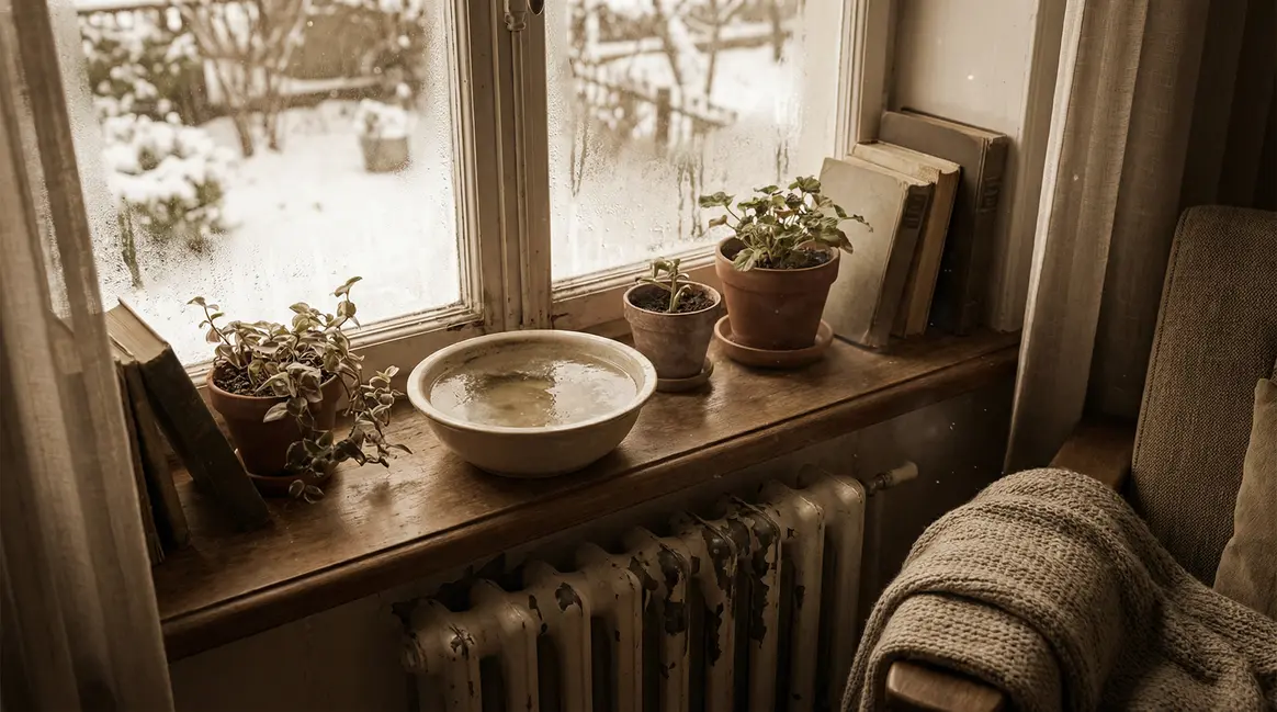 Bol d'eau salée, fenêtre embuée, maison cosy, économie chauffage