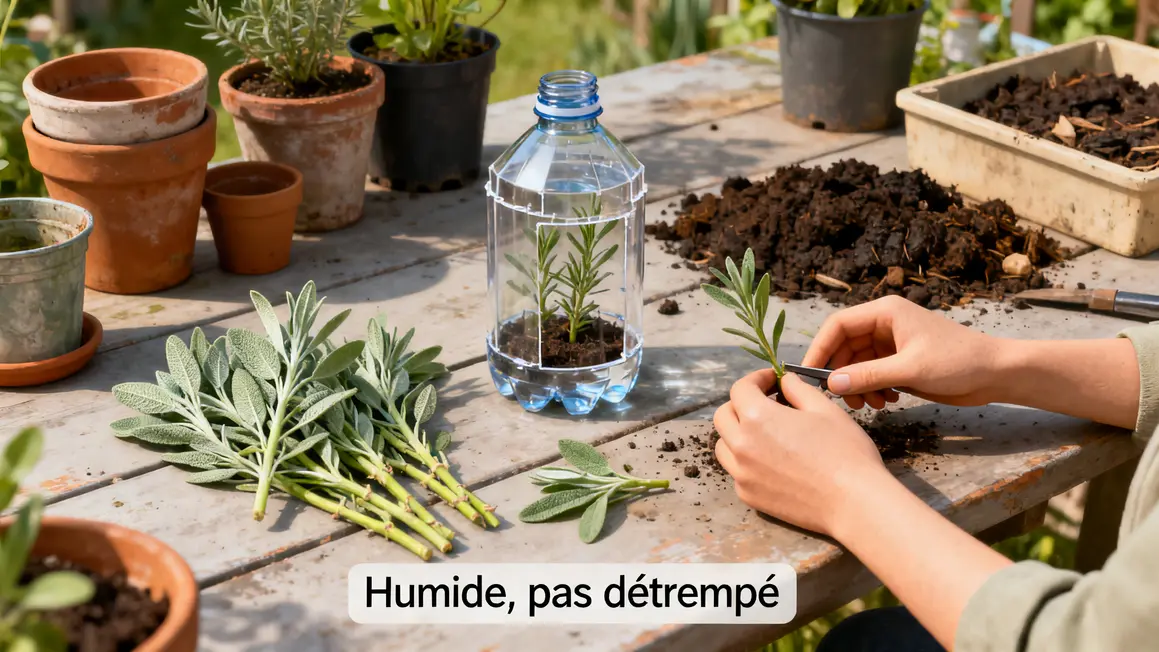 Bouturage sauge godets recyclés serre maison