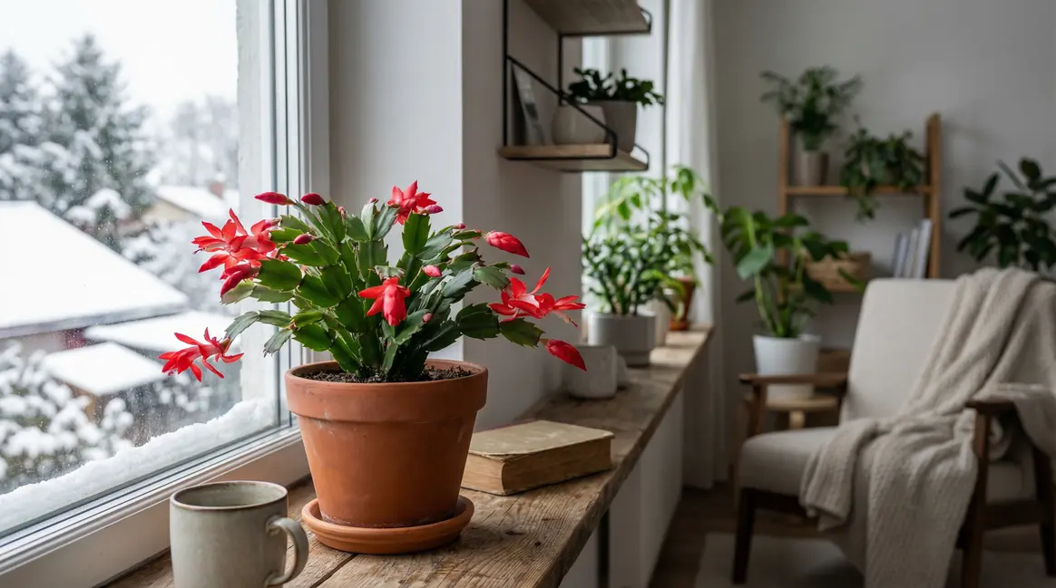 Cactus de Noël fleuri sur rebord de fenêtre hivernale