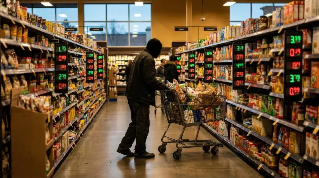 caddie dans supermarche avec etiquettes de prix