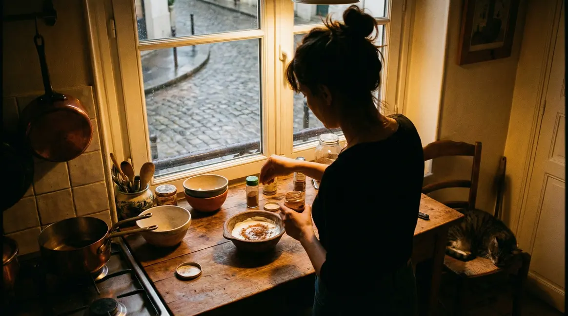 femme ajoute cannelle sur yaourt soirée cuisine parisienne