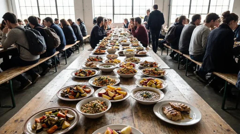Assiettes variées cantine collective avec legumes fruits cereales et viande