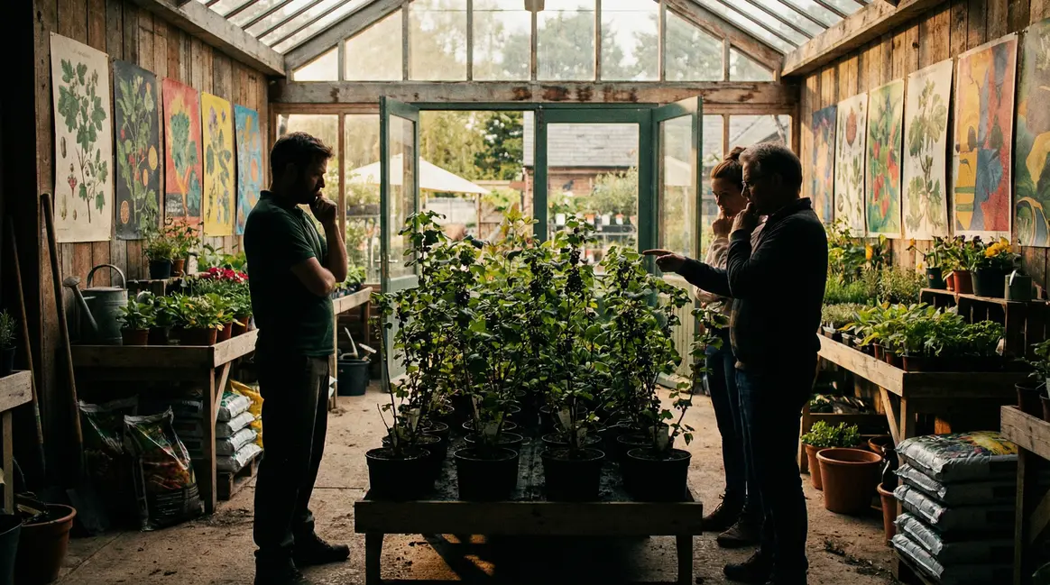 Jardiniers choisissant un cassissier en pot en jardinerie