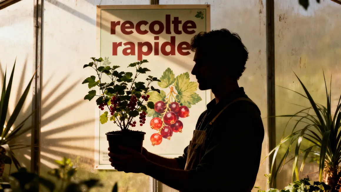 Jardinier tenant un plant de cassissier et affiche recolte rapide