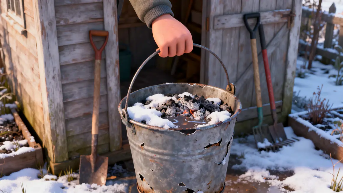 cendre de bois neige fondue seau cabanon