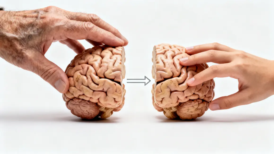 Mains âgées et jeunes touchent cerveau stylisé