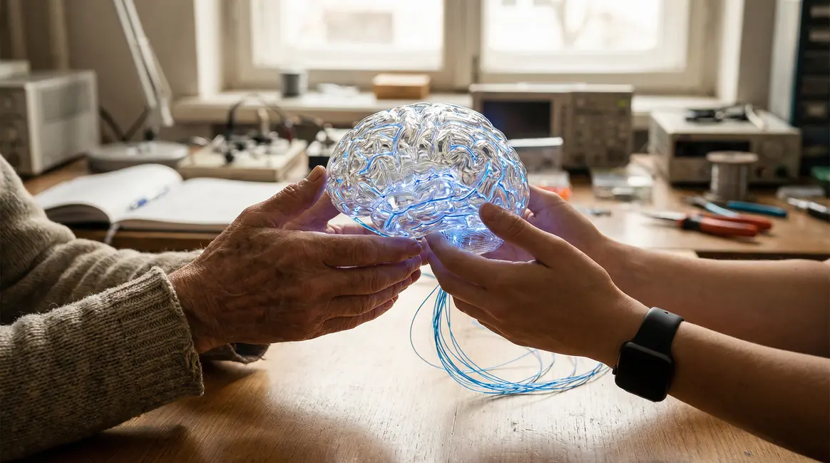 Cerveau stylisé lumineux entre mains âgées et jeunes