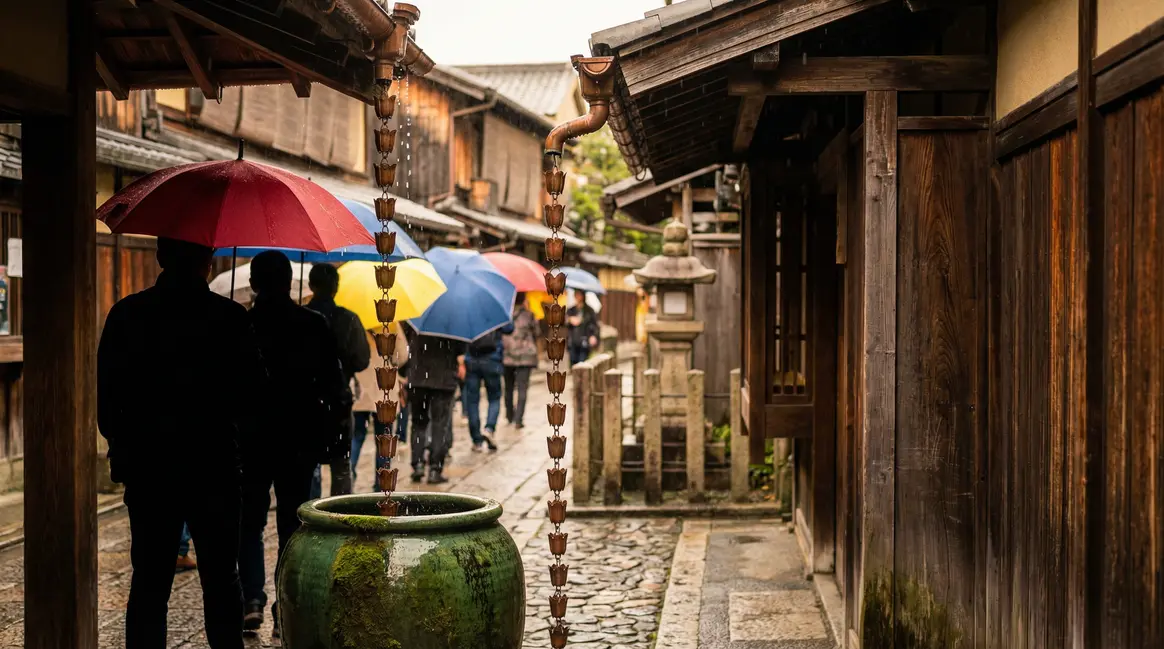 chaîne de pluie japonaise sous la pluie à Kyoto