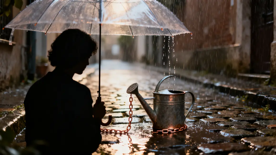 personne sous parapluie avec chaîne de pluie japonaise