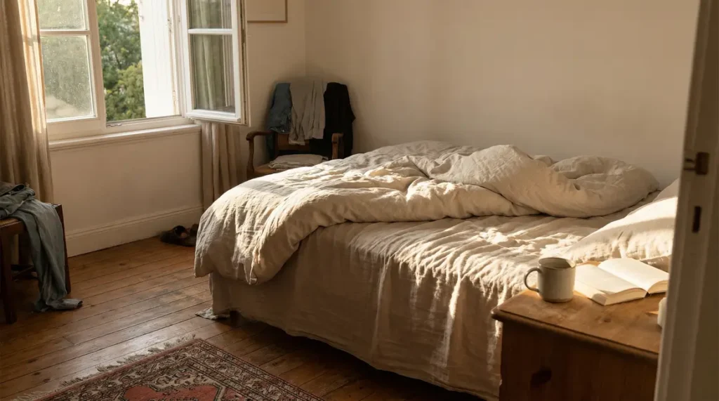 Chambre matin lit défait soleil prévention acariens