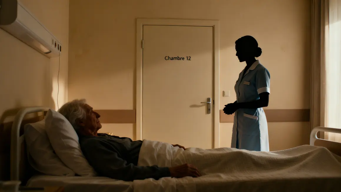Chambre sécurisée, personne âgée rassurée par infirmière EHPAD
