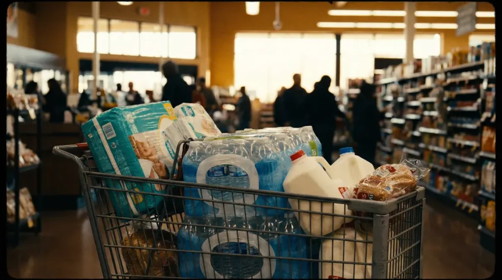 chariot rempli produits essentiels parcours supermarche