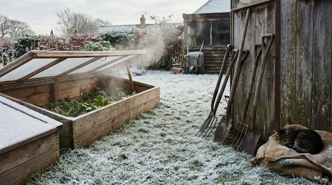 Châssis froid au jardin en hiver avec vapeur et verts