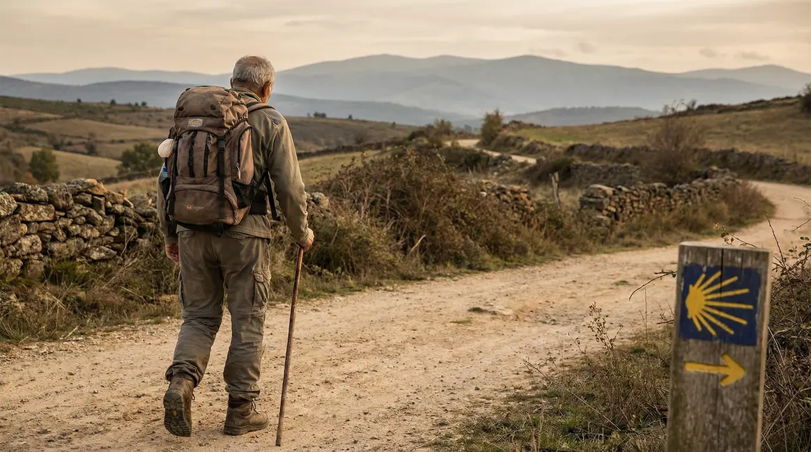 senior marcheur sur chemin Compostelle avec sac à dos